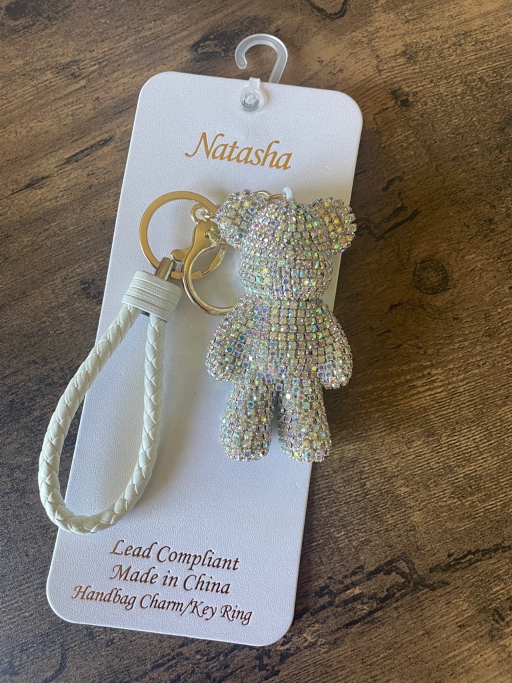 NWT Natasha Rhinestone Teddy Bear Keychain/Bag Charm with Braided White Strap